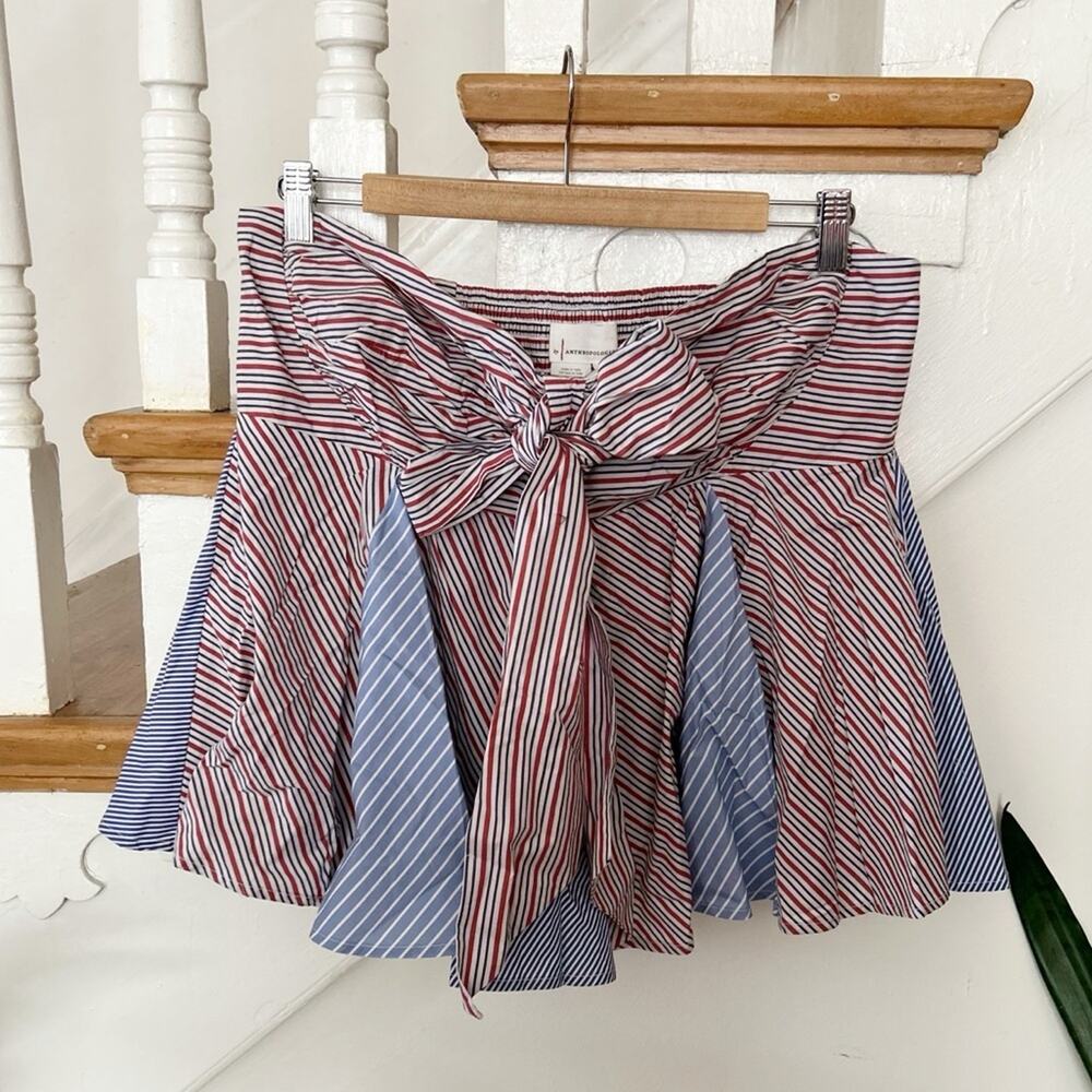 NWT Anthropologie Striped Cotton Flare Skirt Red Blue Bow Detail Size L Large